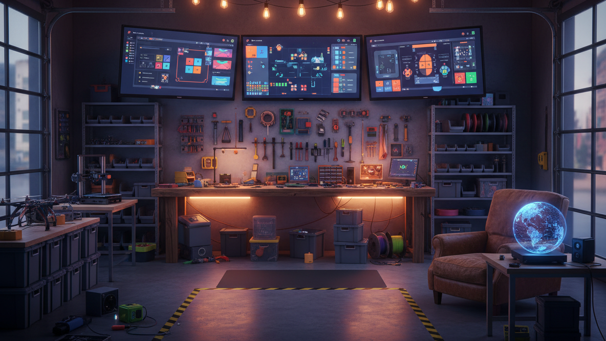 AI generated image of a garage with computer monitors and equipment